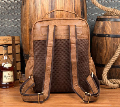 Casual Brown Leather Mens 14 inches Travel School Backpacks Computer Backpack for Men