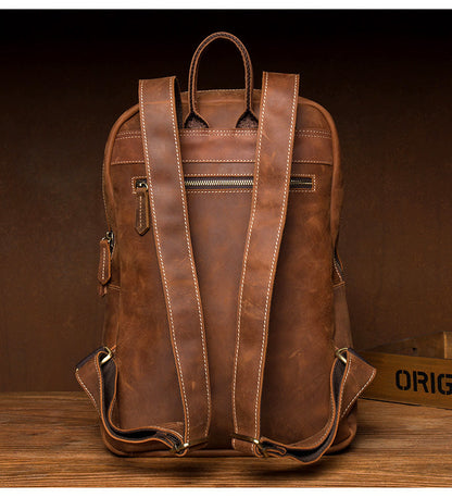 Casual Brown Large Leather Mens 15 inches Travel Backpack Computer Backpack School Backpack for Men