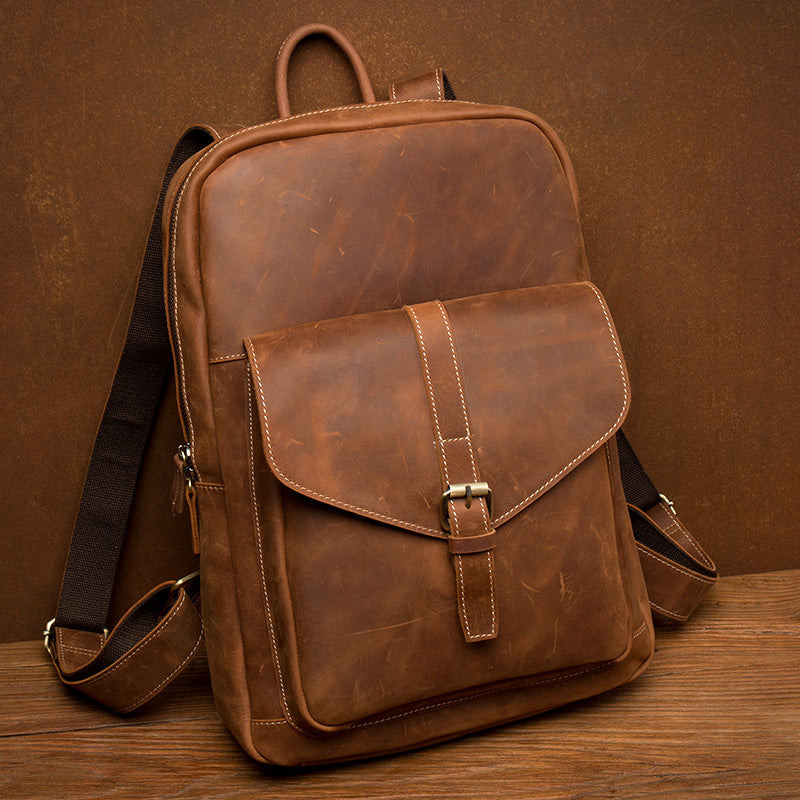 Casual Brown Large Leather Mens 15 inches Travel Backpack Computer Backpack School Backpack for Men