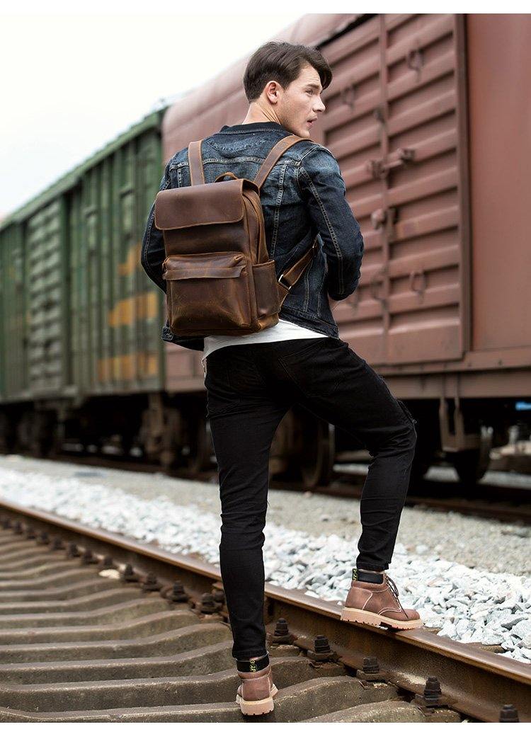 Brown Casual Mens Leather 15inches Computer Backpacks Black Travel Backpack College Backpacks for men