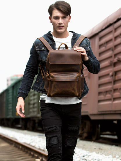 Brown Casual Mens Leather 15inches Computer Backpacks Black Travel Backpack College Backpacks for men