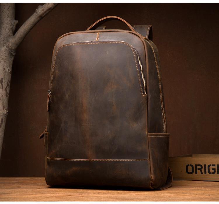 Brown Casual Mens Leather 16-inch Large Computer Backpack Travel Backpacks Laptop Backpack for men