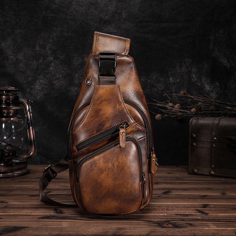 Brown Cool LEATHER MENS 8'' Sling Bag Coffee Chest Bag Brown One Shoulder Bag For Men