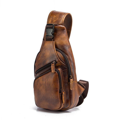 Brown Cool LEATHER MENS 8'' Sling Bag Coffee Chest Bag Brown One Shoulder Bag For Men