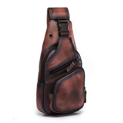 Brown Cool LEATHER MENS 8'' Sling Bag Coffee Chest Bag Brown One Shoulder Bag For Men