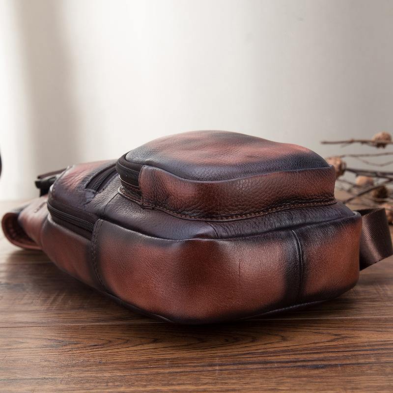 Brown Cool LEATHER MENS 8'' Sling Bag Coffee Chest Bag Brown One Shoulder Bag For Men