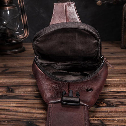 Brown Cool LEATHER MENS 8'' Sling Bag Coffee Chest Bag Brown One Shoulder Bag For Men