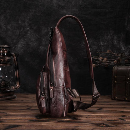 Brown Cool LEATHER MENS 8'' Sling Bag Coffee Chest Bag Brown One Shoulder Bag For Men