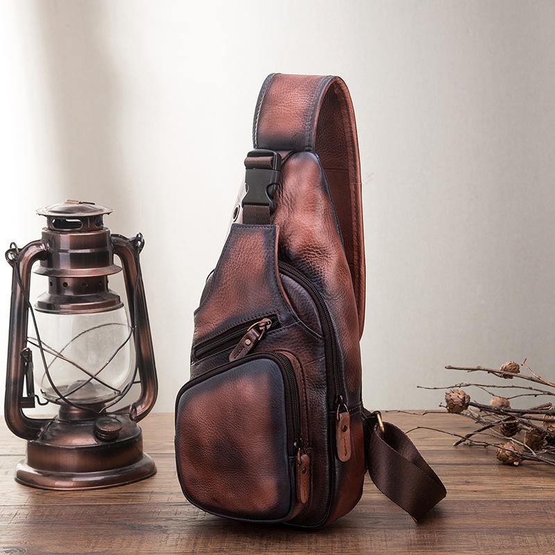 Brown Cool LEATHER MENS 8'' Sling Bag Coffee Chest Bag Brown One Shoulder Bag For Men