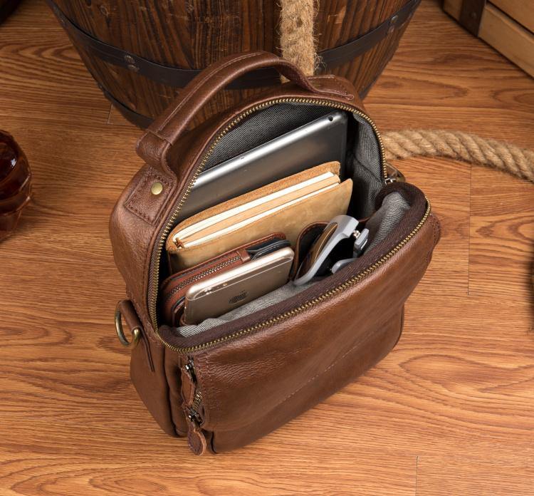 Cool Brown Leather 10 inches Vertical Small Briefcase Side Bags Messenger Bag Courier Bag for Men