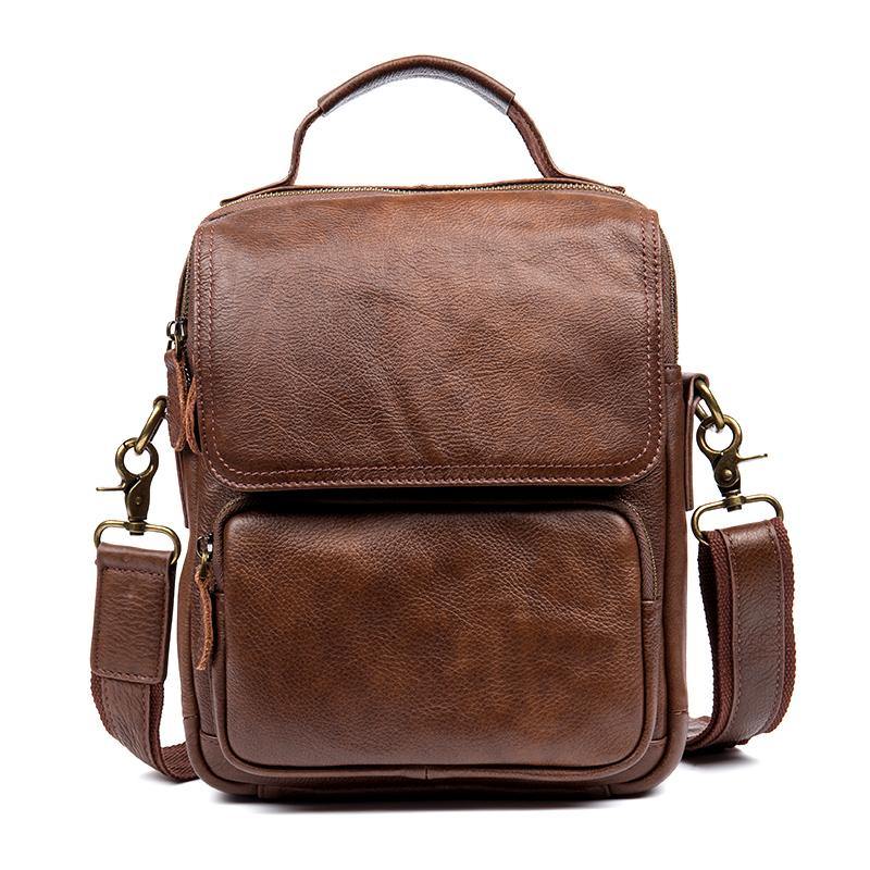 Cool Brown Leather 10 inches Vertical Small Briefcase Side Bags Messenger Bag Courier Bag for Men