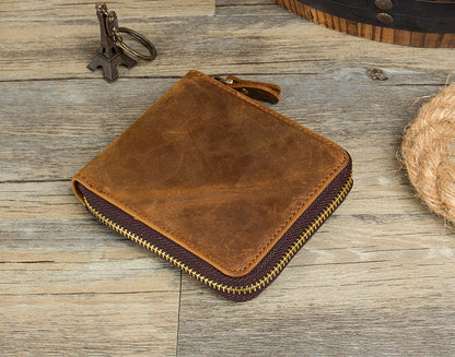 Brown Cool Leather Mens billfold Wallet Zipper Trifold Card Small Wallet for Men