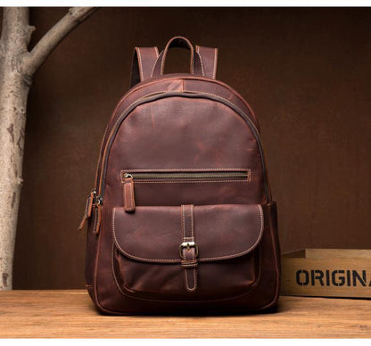 Fashion Brown Mens Leather 14-inch Large Laptop Backpacks Brown Travel Backpacks School Backpack for men