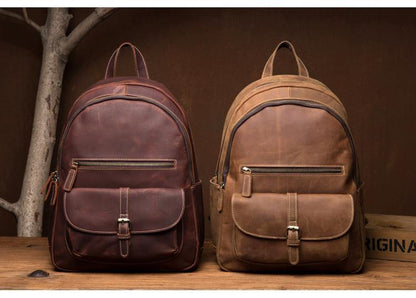 Fashion Brown Mens Leather 14-inch Large Laptop Backpacks Brown Travel Backpacks School Backpack for men