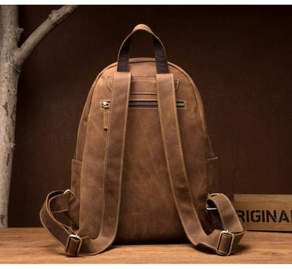 Fashion Brown Mens Leather 14-inch Large Laptop Backpacks Brown Travel Backpacks School Backpack for men