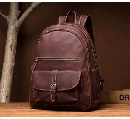 Fashion Brown Mens Leather 14-inch Large Laptop Backpacks Brown Travel Backpacks School Backpack for men