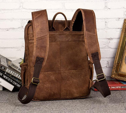 Brown Fashion Mens Leather 15-inch Computer Backpacks Cool Travel Backpacks College Backpack for men