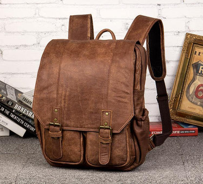 Brown Fashion Mens Leather 15-inch Computer Backpacks Cool Travel Backpacks College Backpack for men