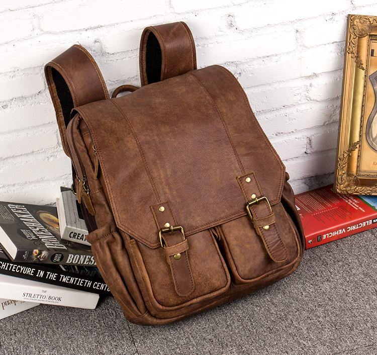 Brown Fashion Mens Leather 15-inch Computer Backpacks Cool Travel Backpacks College Backpack for men