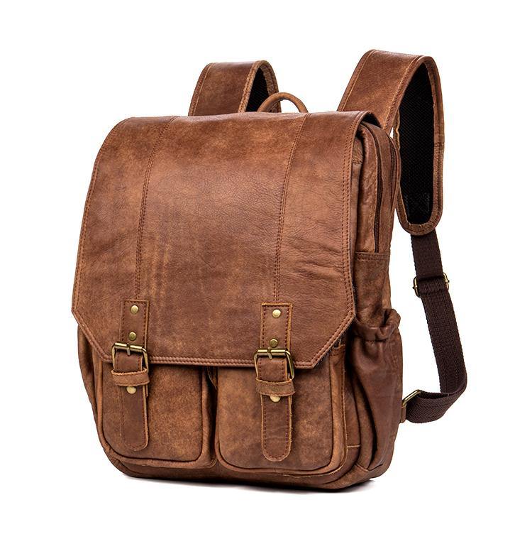 Brown Fashion Mens Leather 15-inch Computer Backpacks Cool Travel Backpacks College Backpack for men