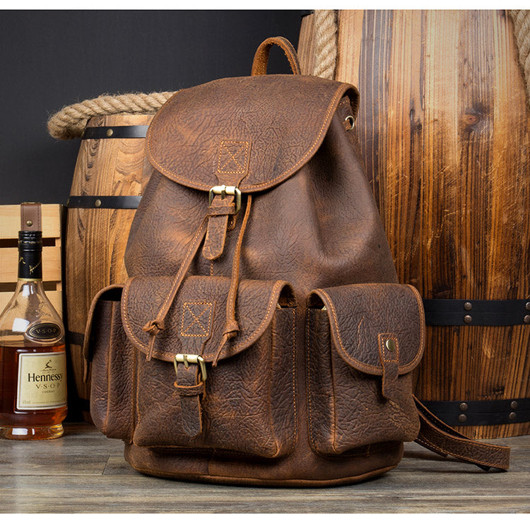 Fashion Brown Mens Leather 15inches Large Backpacks Travel Backpacks School Backpacks for men