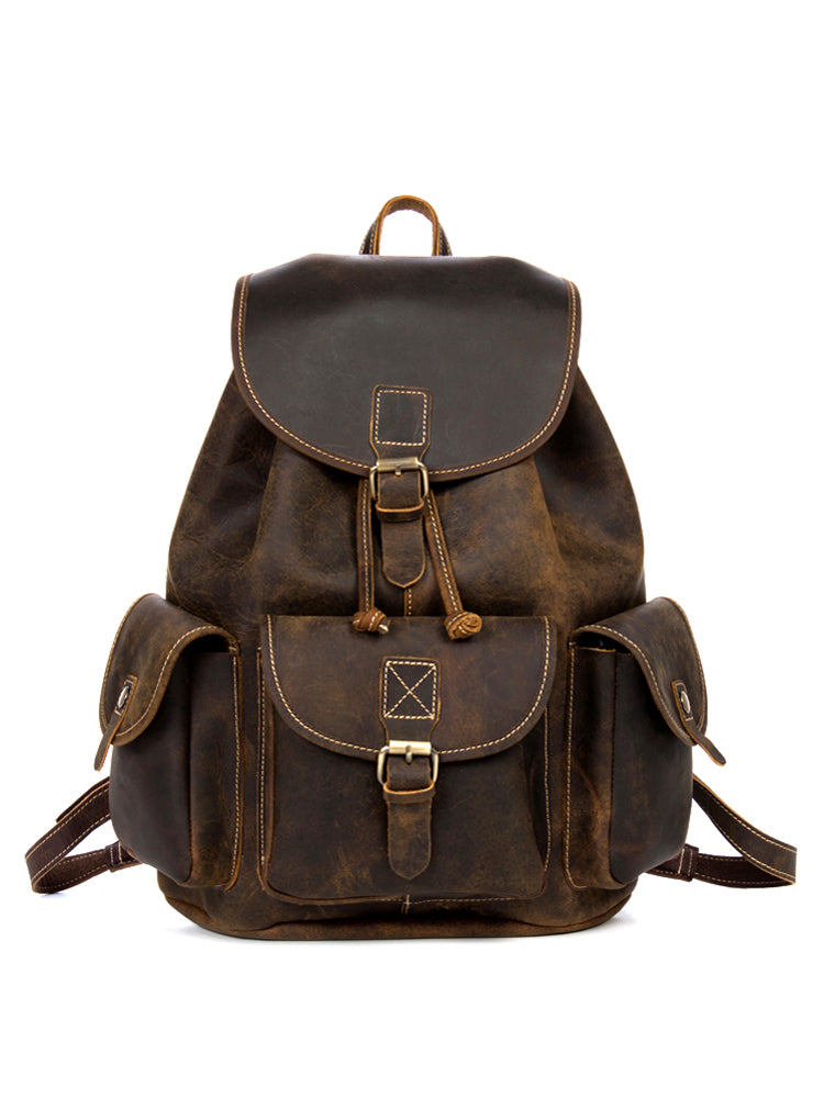 Fashion Brown Mens Leather 15inches Large Backpacks Travel Backpacks School Backpacks for men