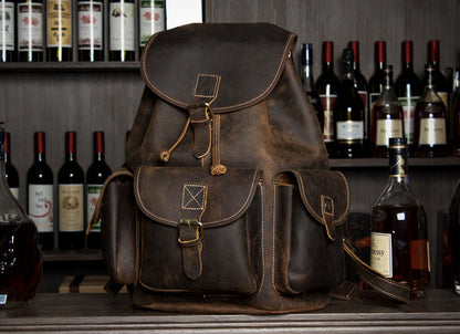 Fashion Brown Mens Leather 15inches Large Backpacks Travel Backpacks School Backpacks for men