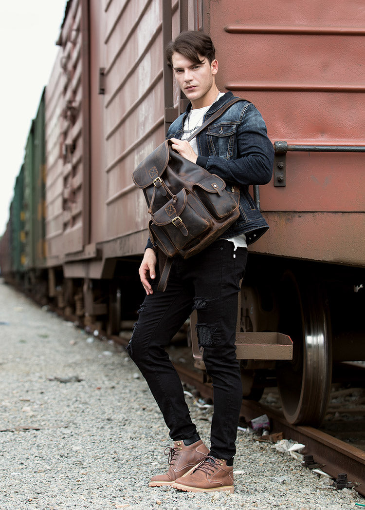 Fashion Brown Mens Leather 15inches Large Backpacks Travel Backpacks School Backpacks for men