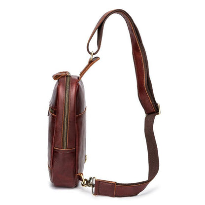 Brown Leather Men's Sling Bag Red Brown Chest Bag 8 inches One Shoulder Backpack For Men