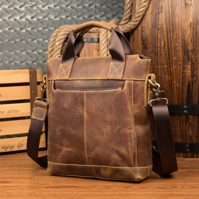 Brown Leather Mens 13 inches Briefcase Vertical Laptop Side Bags Business Bags Work Bags for Men