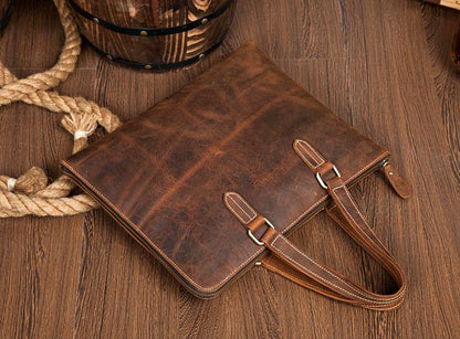 Brown Leather Mens 13 inches Briefcase Laptop Side Bag Business Bags Work Bags for Men