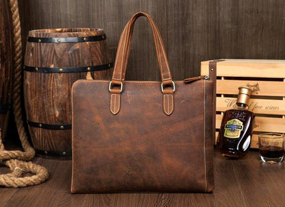 Brown Leather Mens 13 inches Briefcase Laptop Side Bag Business Bags Work Bags for Men