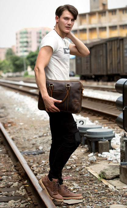 Brown Leather Mens 14 inches Briefcase Laptop Bag Navy Business Bags Work Bag for Men