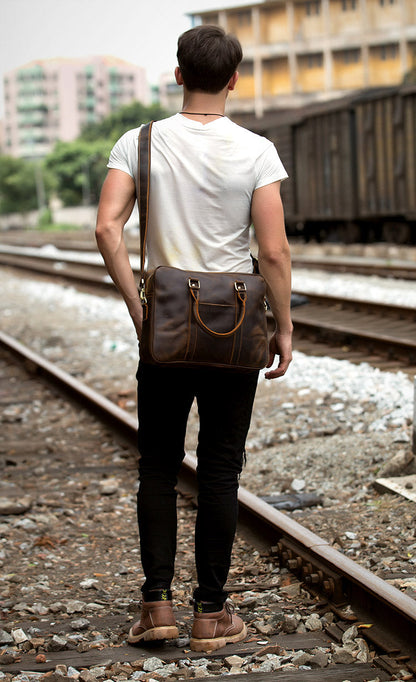 Brown Leather Mens 14 inches Briefcase Laptop Bag Navy Business Bags Work Bag for Men