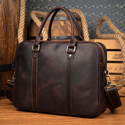 Brown Leather Mens 14 inches Briefcase Laptop Bag Navy Business Bags Work Bag for Men