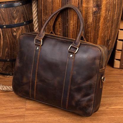 Brown Leather Mens 14 inches Briefcase Laptop Bag Navy Business Bags Work Bag for Men