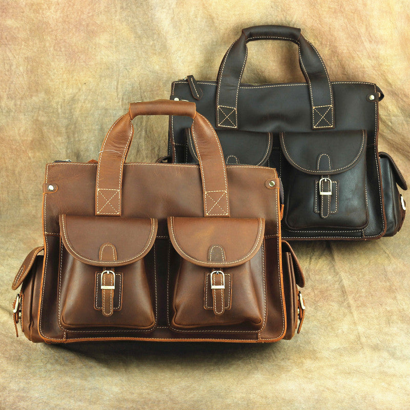 Brown Leather Mens 14 inches Business Laptop Work Bag Handbag Briefcase Shoulder Bags Messenger Bags For Men