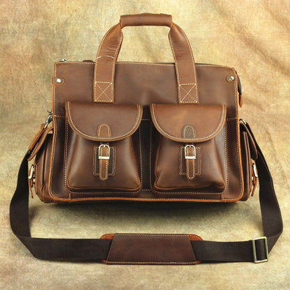 Brown Leather Mens 14 inches Business Laptop Work Bag Handbag Briefcase Shoulder Bags Messenger Bags For Men