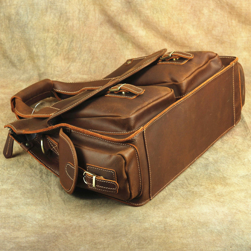 Brown Leather Mens 14 inches Business Laptop Work Bag Handbag Briefcase Shoulder Bags Messenger Bags For Men