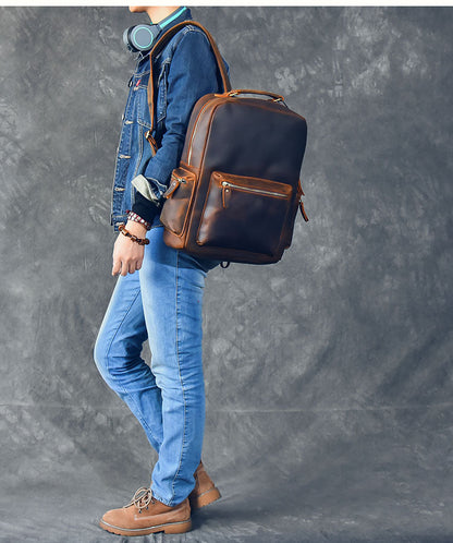 Vintage Brown Leather Mens 15' Laptop Backpack Hiking Backpack Travel Backpack College School Bag for Men
