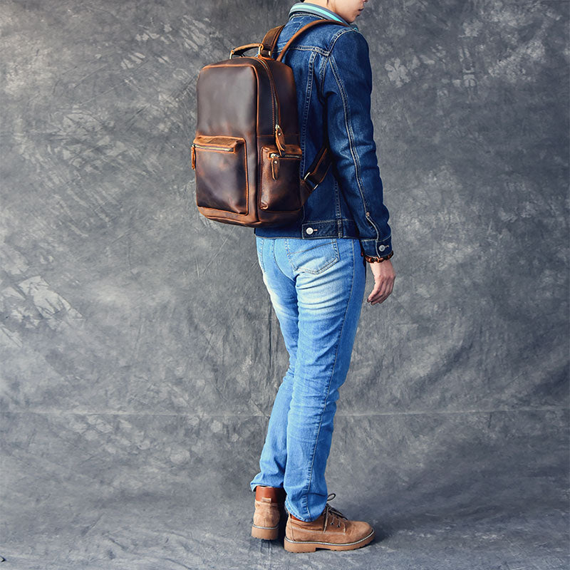 Vintage Brown Leather Mens 15' Laptop Backpack Hiking Backpack Travel Backpack College School Bag for Men