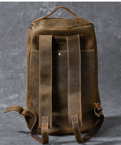 Brown Leather Mens 15' Laptop Bucket Hiking Backpack Travel Backpack Barrel Backpack for Men