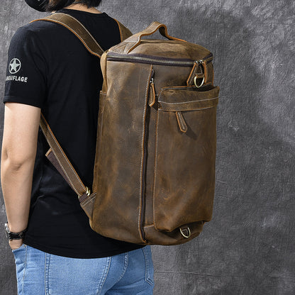 Brown Leather Mens 15' Laptop Bucket Hiking Backpack Travel Backpack Barrel Backpack for Men