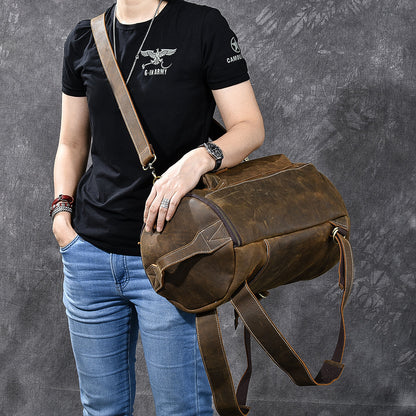 Brown Leather Mens 15' Laptop Bucket Hiking Backpack Travel Backpack Barrel Backpack for Men
