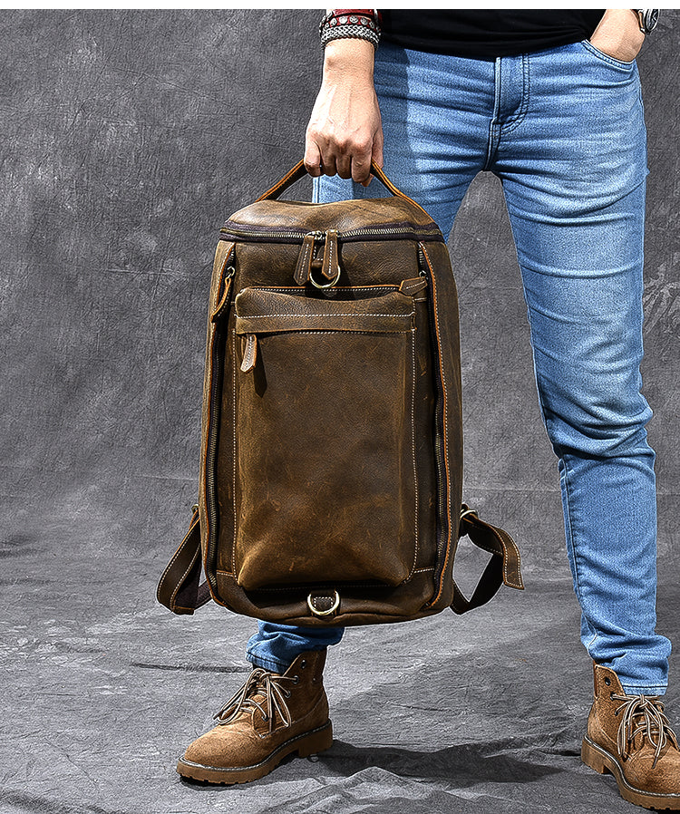 Brown Leather Mens 15' Laptop Bucket Hiking Backpack Travel Backpack Barrel Backpack for Men