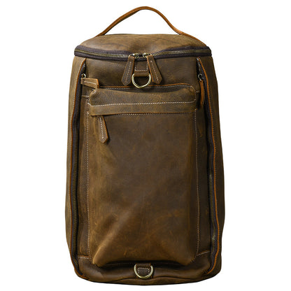 Brown Leather Mens 15' Laptop Bucket Hiking Backpack Travel Backpack Barrel Backpack for Men