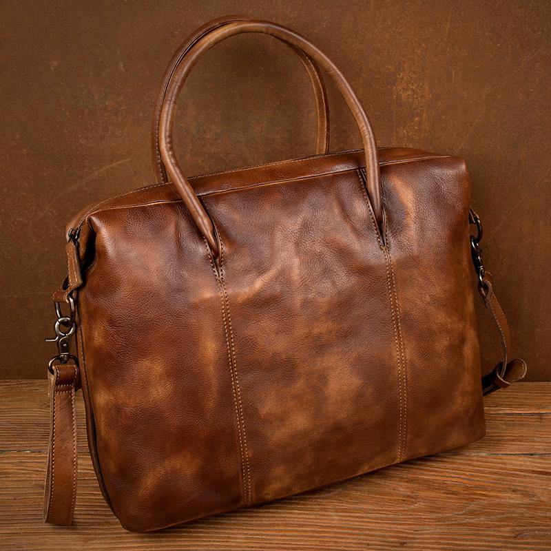 Brown Leather Mens 15 inches Briefcase Laptop Bag Business Handbag Work Bag for Men