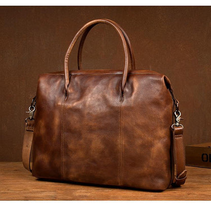 Brown Leather Mens 15 inches Briefcase Laptop Bag Business Handbag Work Bag for Men