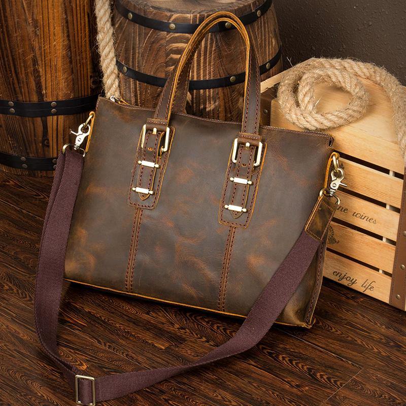 Vintage Brown Leather Mens 15 inches Briefcase Laptop Bag Business Bags Work Bags for Men