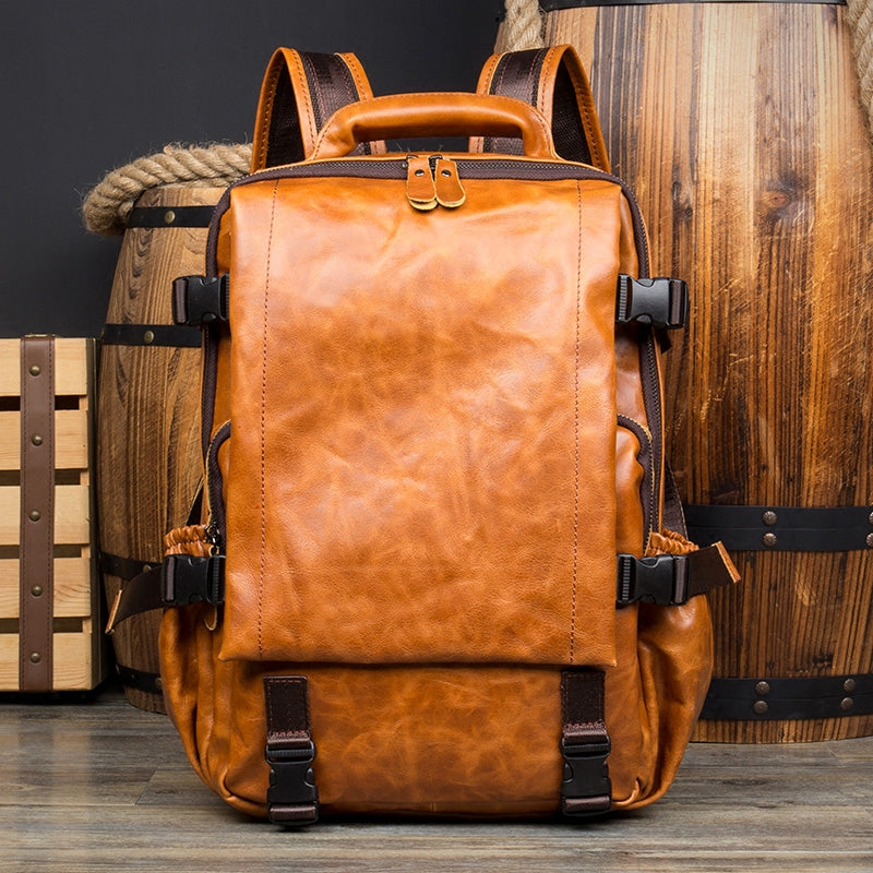 Brown Leather Mens 15 inches Cool Backpack Travel Backpack School Backpack for men